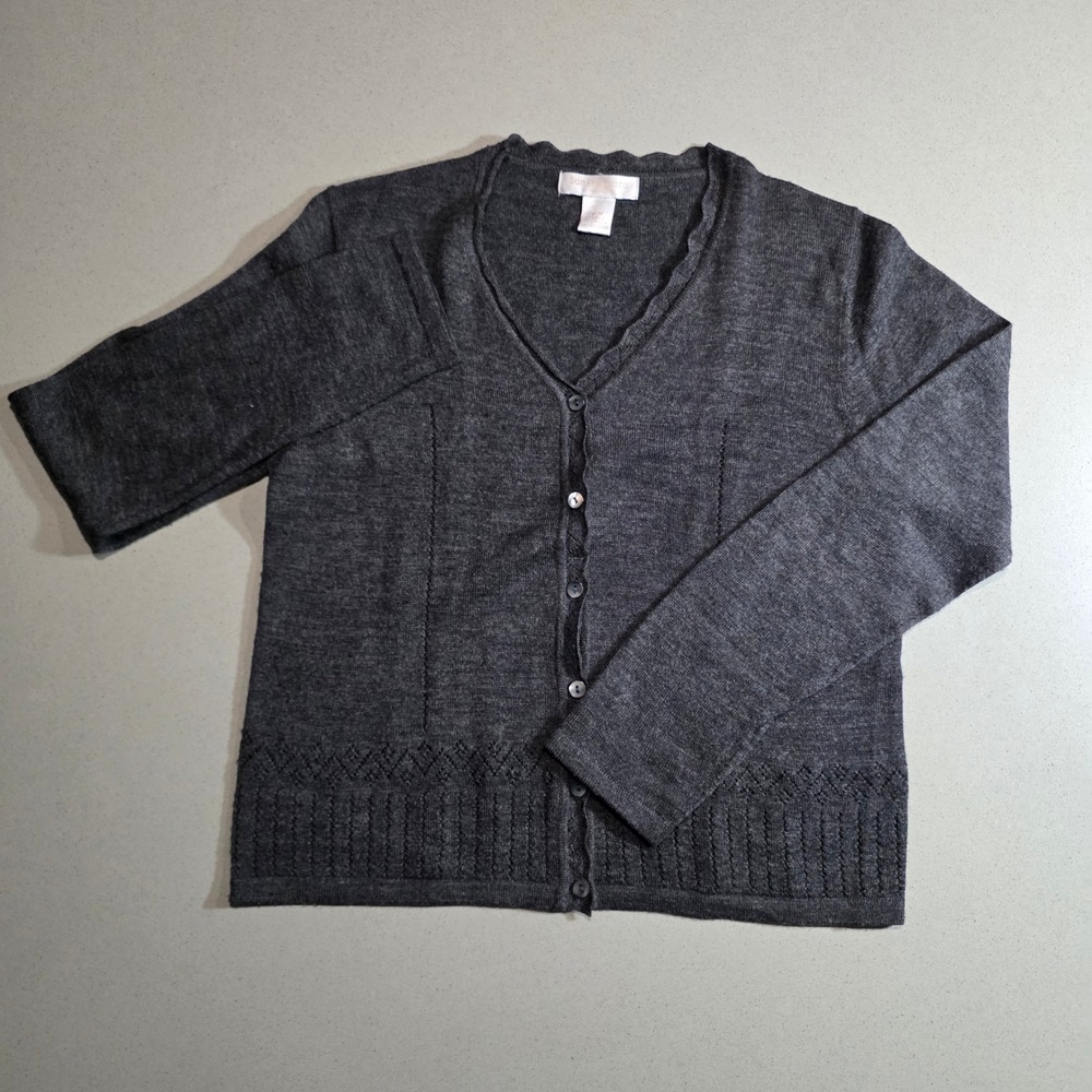 San Francisco Collection Gray Wool Blend Scalloped V-Neck Cardigan Sweater M